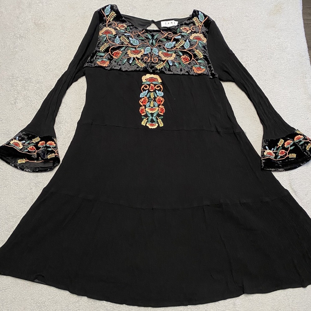 THML Anthropologie Dress XS Black‎ Embroidered Flowers Tiered Mini Boho